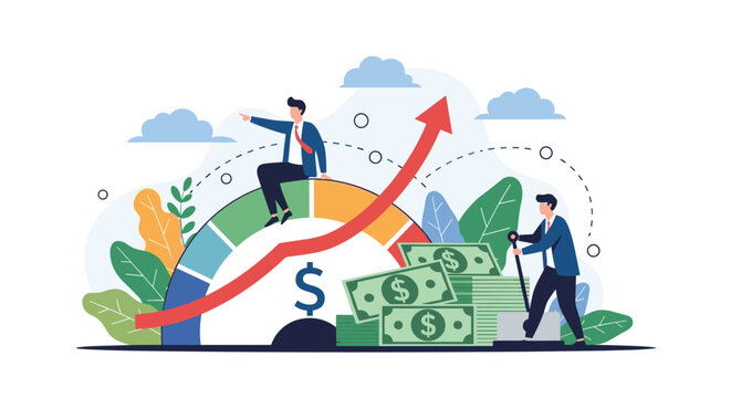 Successful business performance concept shows entrepreneurs measuring growth and maximizing financial profits.