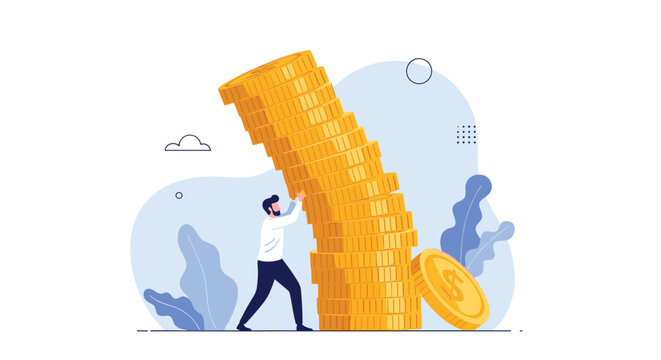 Businessman trying to hold a falling stack of gold coins represents financial risk, debt management, and crisis.