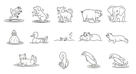 Fototapeta premium Cartoon animals swimming and bathing in water scenes.