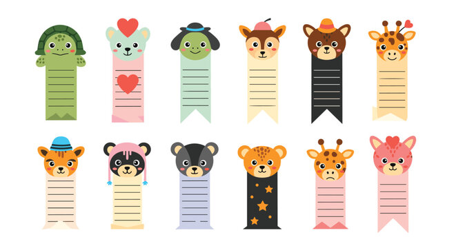 Collection of cute animal bookmarks and message templates for school kids to write quick notes and organize books.