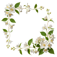 Fototapeta premium Elegant white jasmine flowers and vibrant green leaves meticulously arranged to create a lovely square floral frame.