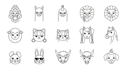 Obraz premium Cute animal face portrait line art set.