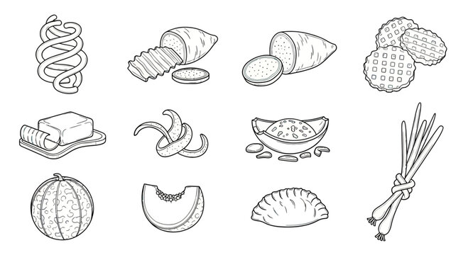 Cooking ingredients and food staples outline icon collection