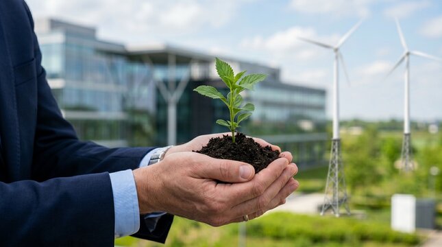 Businessperson holding soil with green plant near wind turbines symbolizing corporate sustainability and renewable energy growth
