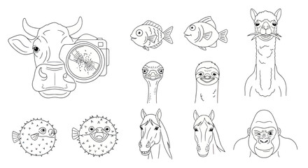 Fototapeta premium Detailed animal and sea life head outline portraits.