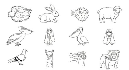 Naklejka premium Detailed animal line art drawing set