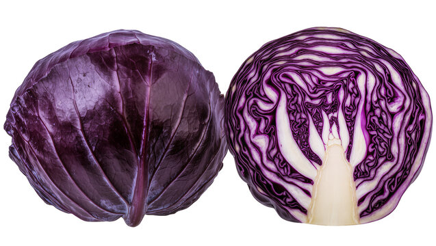 Red cabbage whole and halved showing interior texture