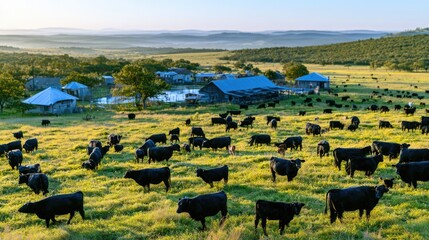 Obraz premium Black Angus Cattle Grazing Across Green Pasture Near Rural Farmstead