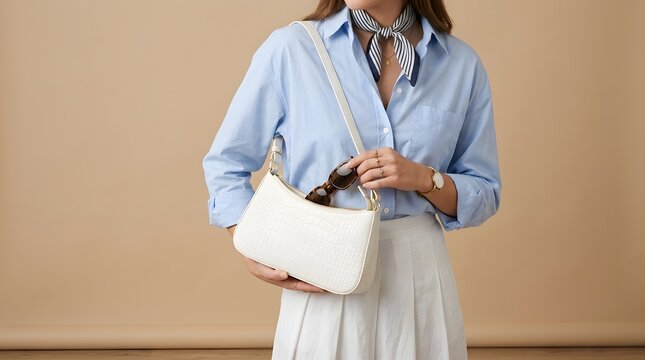 Stylish woman in blue shirt holding white leather handbag, wearing pleated skirt, representing fashion accessory shopping elegant casual style trendy purse outfit lookbook