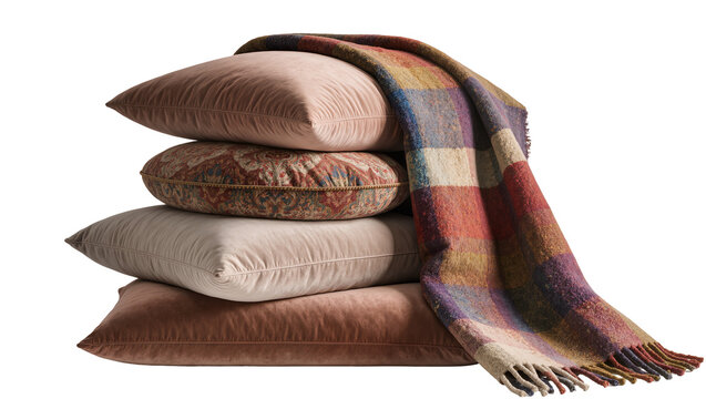 Stack of plush velvet pillows with patterned throw blanket