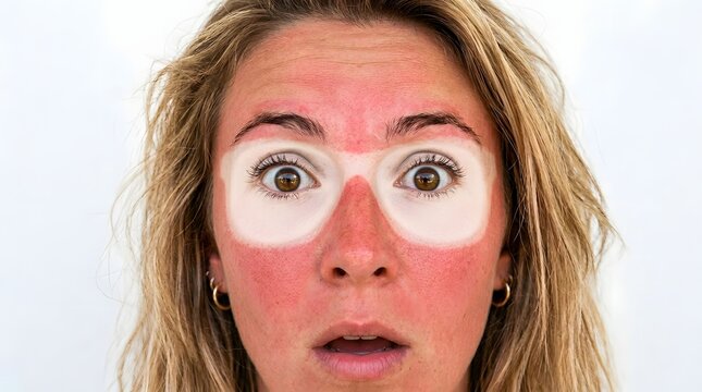 Woman with sunburned red face showing pale skin around eyes from sunglasses tan, shocked surprised expression, representing sunburn skin damage UV protection summer sun care mistake