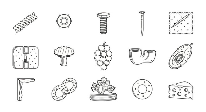 Industrial fasteners and organic food icon collection.