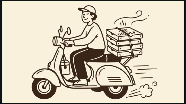 Cartoon illustration of pizza delivery person riding scooter with stack of hot pizza boxes tied at back and steam rising showing fast food service