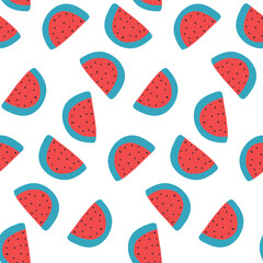 Seamless watermelon slice pattern on white background, bold cartoon red and teal fruit wedge toss repeat print, fun summer vector fabric design. © Katsiaryna