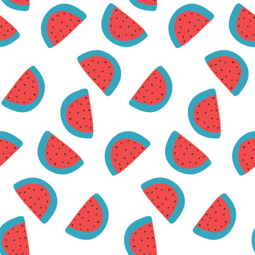 Seamless watermelon slice pattern on white background, bold cartoon red and teal fruit wedge toss repeat print, fun summer vector fabric design.