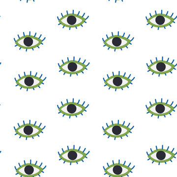 Seamless evil eye pattern on white background, cartoon green eye with lashes repeat print, mystical boho witchy vector fabric design.