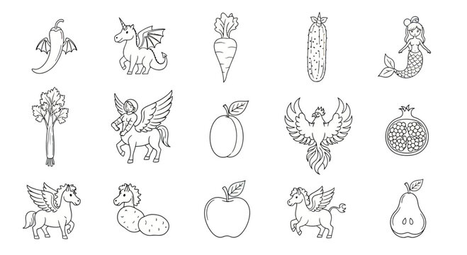 Mythical creature and fruit line art icons