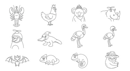 Fototapeta premium Quirky animals in costumes and accessories line art