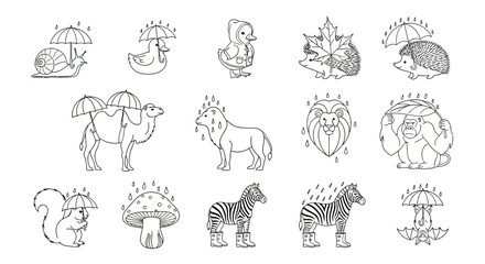 Obraz premium Rainy day animals with umbrellas line art