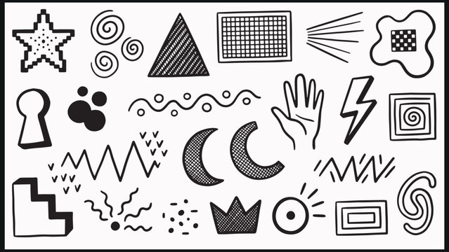 Minimal line art collection of abstract symbols including star spiral triangle grid lightning bolt crown moon hand and geometric shapes arranged playfully on white background