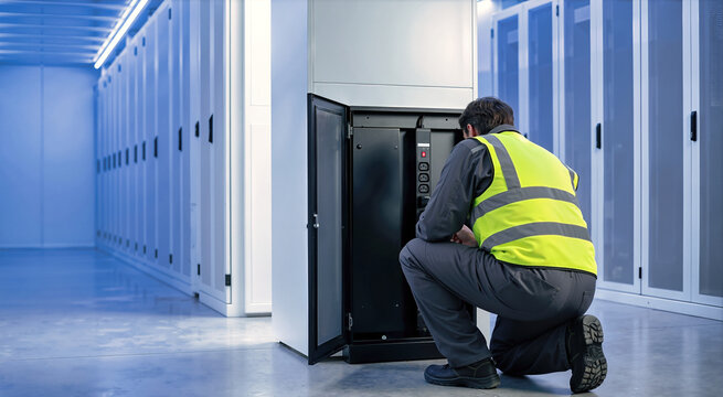 Electrician inspecting open PDU cabinet. Professional technician checking power distribution unit in modern data center. Server room maintenance concept