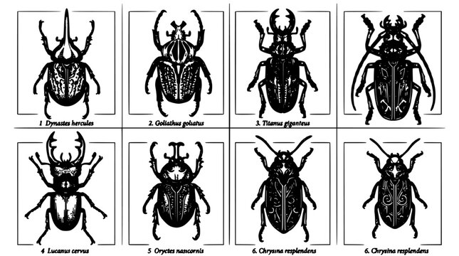 Beetle Line Drawings in Black and White, Detailed Engraved Style with Multiple Views in Framed Panels on White Background