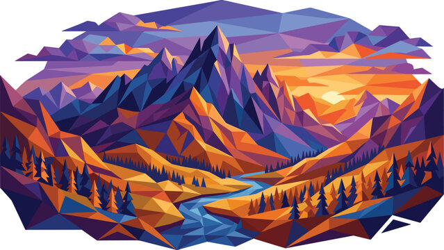 Abstract low poly mountain landscape with river at sunset vectorAbstract low poly mountain landscape with river at sunset vector
