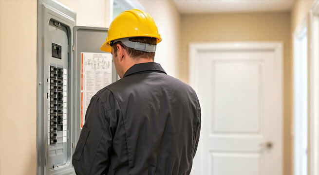 Electrician inspecting breaker panel. Worker in yellow hardhat at electrical fuse box in hallway
