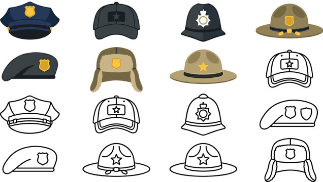 Police Hat and Law Enforcement Cap Icon Set with Sheriff Helmets, Military Berets, Security Badges, and Outline Uniform Symbols for Graphic Design