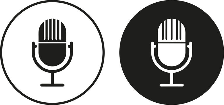 Retro Microphone Icon Set with Vintage Studio Studio Mic Silhouettes inside Circles for Podcast, Radio Broadcasting, and Audio Recording Logos