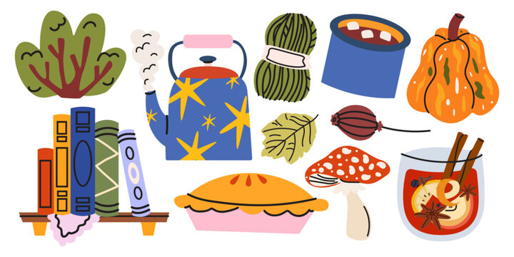Cozy autumn flat vector illustration set with books, teapot, leaves, pumpkin, pie, hot drinks, mushrooms. Warm fall season elements for stickers, labels, prints