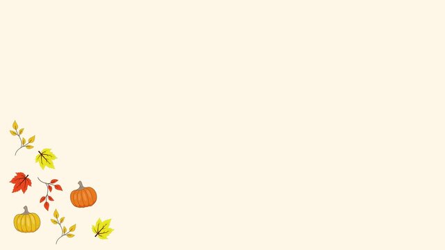 Seamless looping background animation of swinging pumpkins and maple leaves in the corners with text copy space. Flat style seasonal autumn illustration on cream solid color