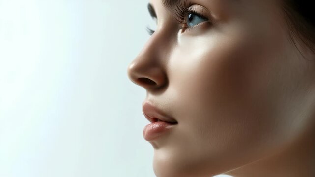 Close-up of a woman's profile, highlighting her glowing complexion and striking features. The image is set against a neutral backdrop, emphasizing the beauty of her skin and long eyelashes.
