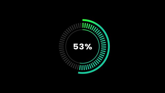 Circle loading bar progressing from 0 to 100% on Black background. loading wheel icon animation . 100 percent in loading ring. Digital loading circle with percentage counter.