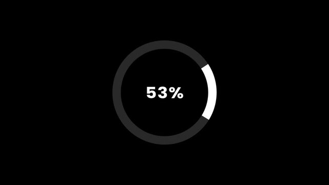 Circle loading bar progressing from 0 to 100% on Black background. loading wheel icon animation . 100 percent in loading ring. Digital loading circle with percentage counter.