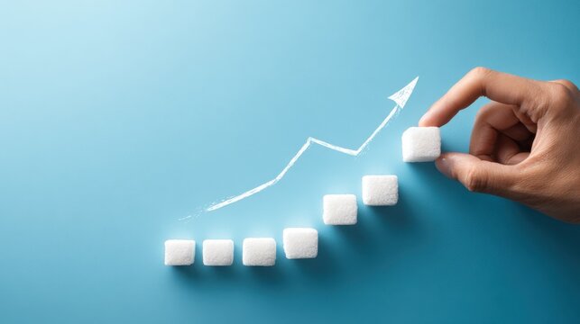 Rising sugar cubes graph on blue background, concept of rising sugar levels or food costs