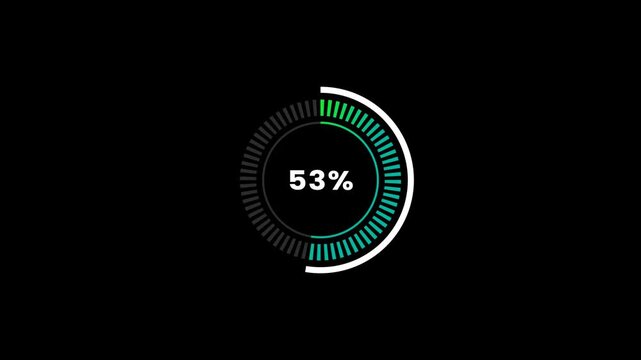 Circle loading bar progressing from 0 to 100% on transparent background. loading wheel icon animation . 100 percent in loading ring. Digital loading circle with percentage counter. alpha channel