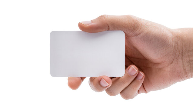 Hand holding blank white credit card with rounded corners