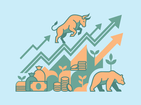 Bull and bear market symbols with rising financial arrows