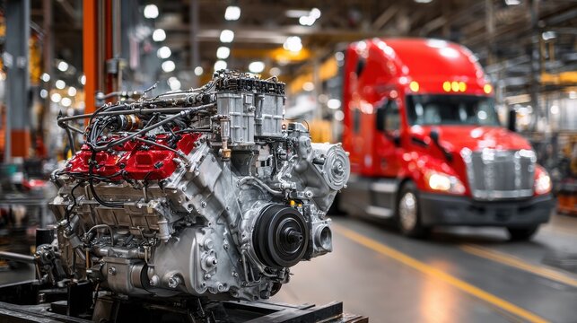 Powerful diesel truck engine in factory assembly plant with blurred red semi truck background