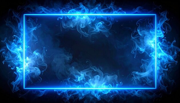 Abstract rectangular frame glowing with intense blue flames and swirling smoke effects on a dark background perfect for artistic design.