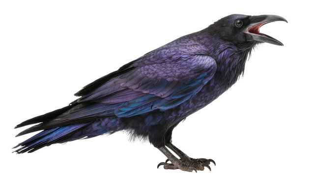 Iridescent purple raven with open beak