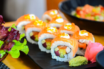 Japanese dish, salmon maki rolls © Vassire