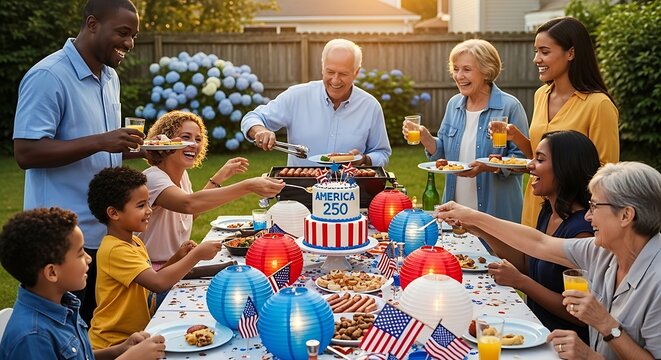Family celebrating outdoors with patriotic decorations.