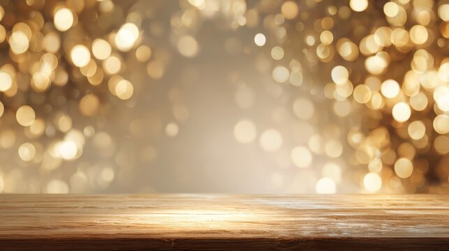 Empty wooden table with christmas lights bokeh background
