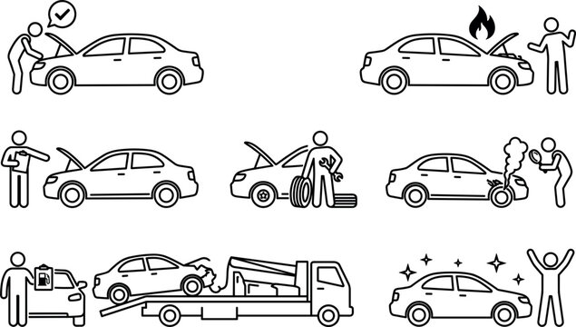 Car Breakdown and Roadside Assistance Service Line Icon Set Featuring Engine Fire Towing Flat Tire Repair and Mechanic Diagnosis Pictograms