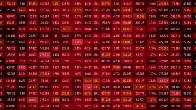 Red colored spreadsheet with financial figures, revenue, sales data, sell, rates. Information, financial report, percentages, business data, negative, strategy and planning.