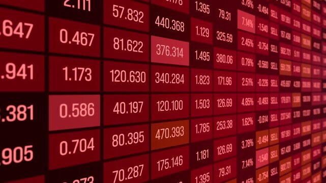 Close up red spreadsheet with financial figures, revenue, sales data, sell, rates. Information, financial report, percentages, business data, negative, strategy and planning.