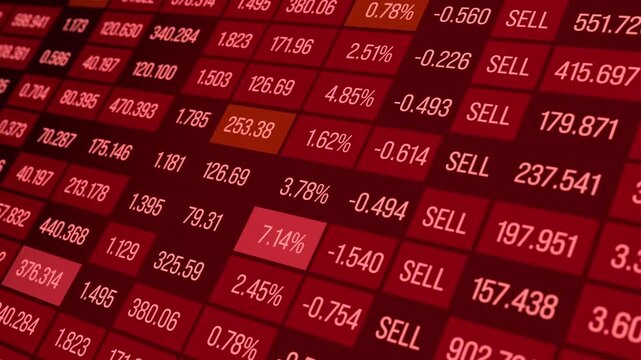 Close up red spreadsheet with financial figures, revenue, sales data, sell, rates. Information, financial report, percentages, business data, negative, strategy and planning.