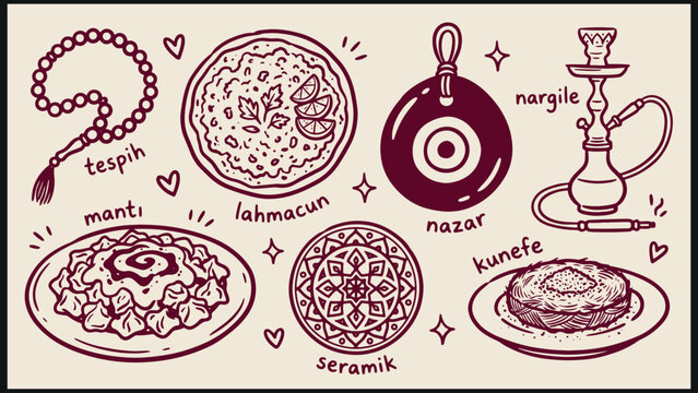 Stylized outline drawing of Turkish cultural items including prayer beads nazar amulet hookah dumplings ceramic plate lahmacun and kunefe dessert arranged with decorative hearts and stars